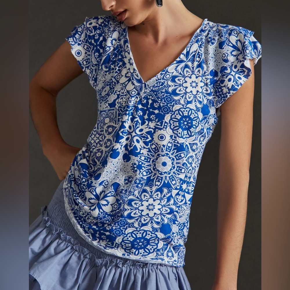 Maeve by Anthropologie Catie Ruffle Sleeve Printed Blouse Top - Picture 12 of 12
